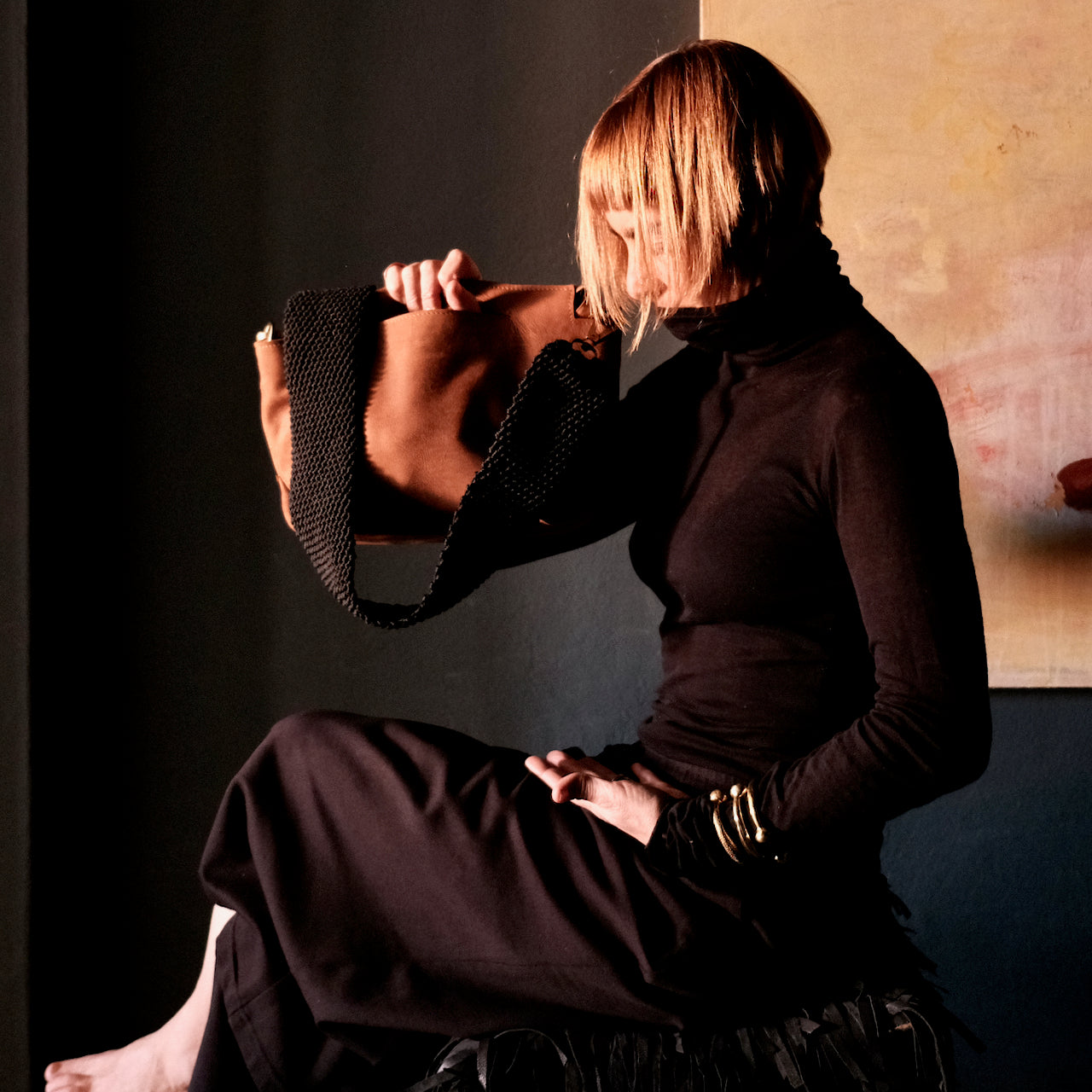 Ogda Shoulder Bag - Cognac with Black Macrame Strap