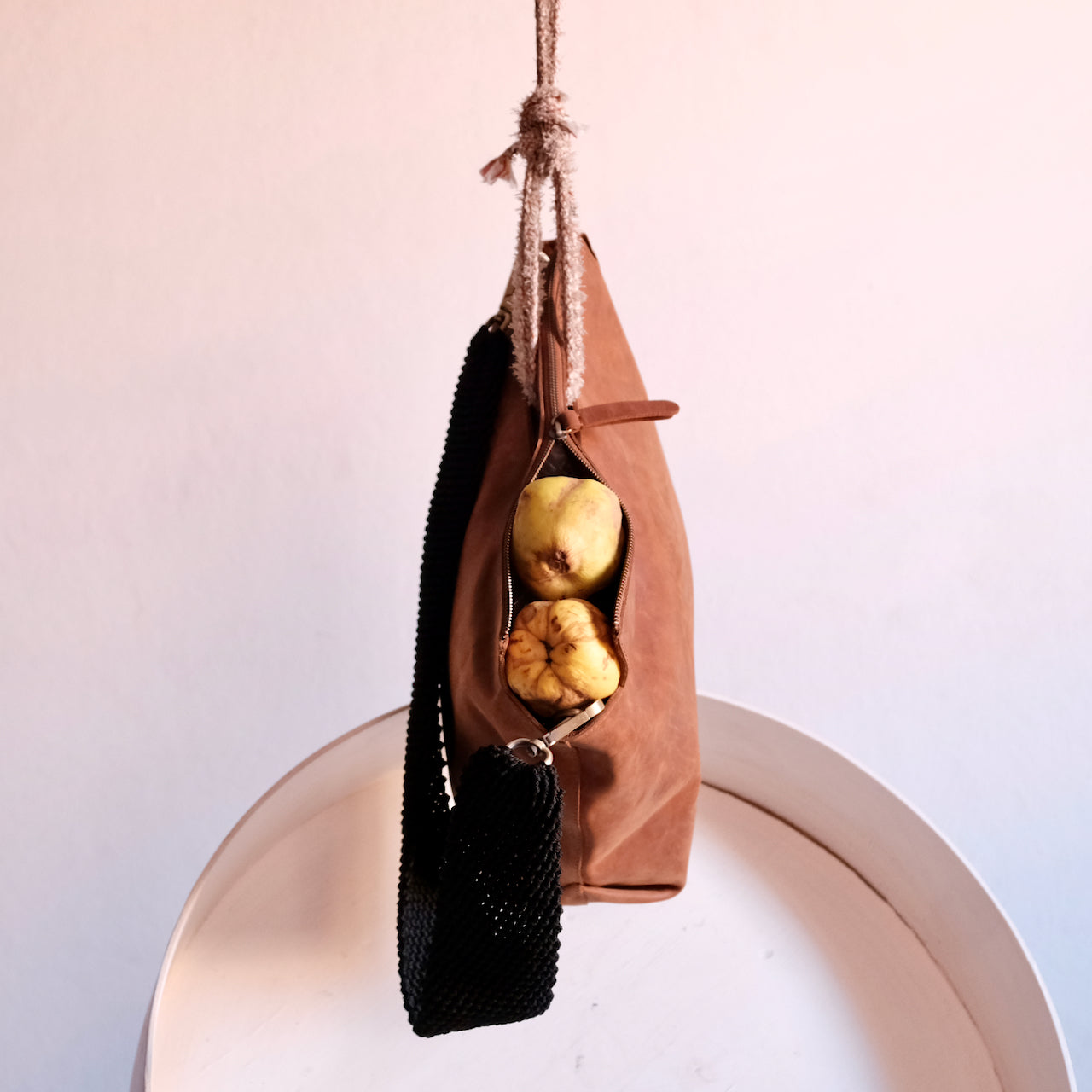 Ogda Shoulder Bag - Cognac with Black Macrame Strap