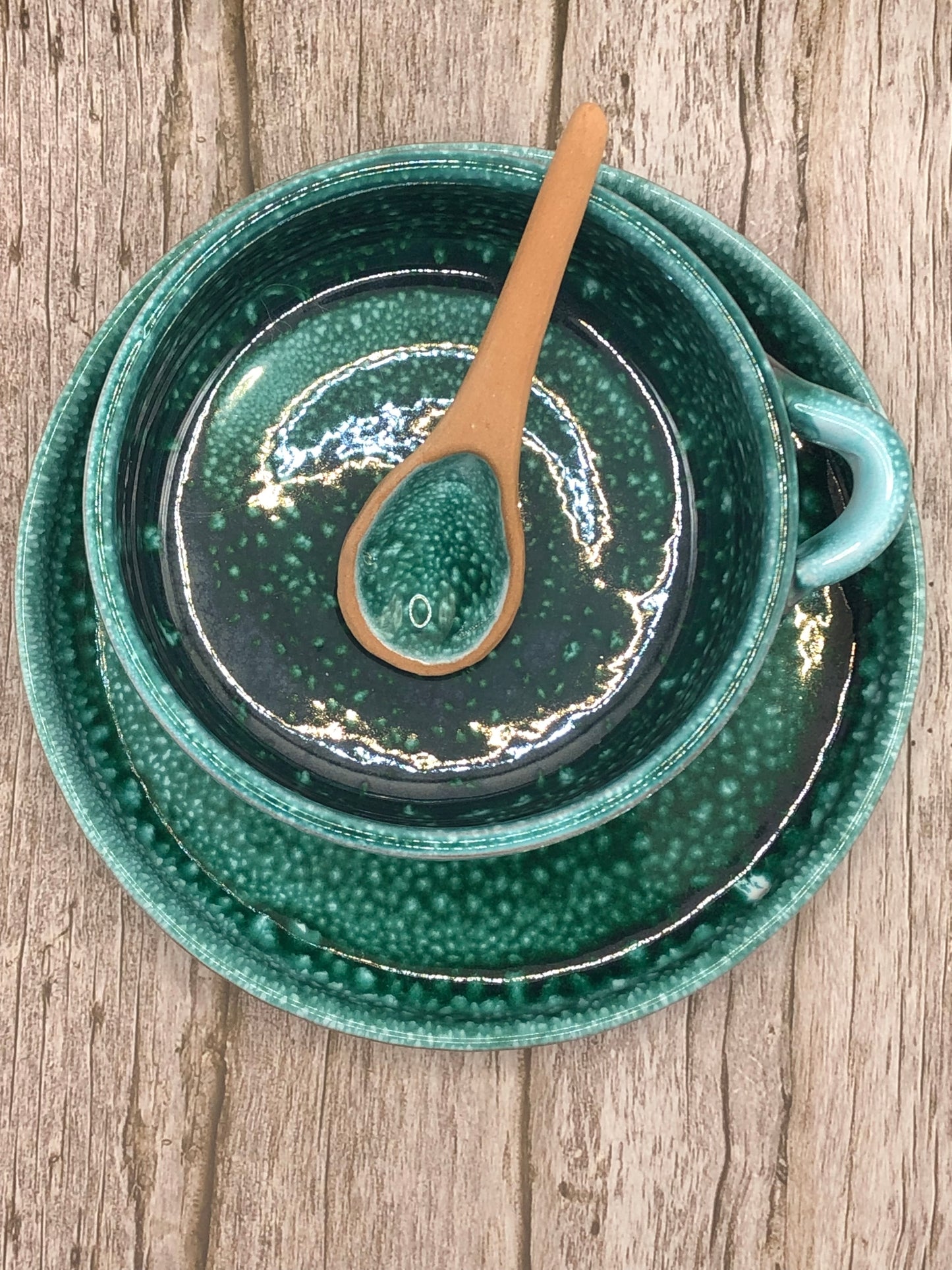 Ceramic Bowl, Plate & Spoon set Green