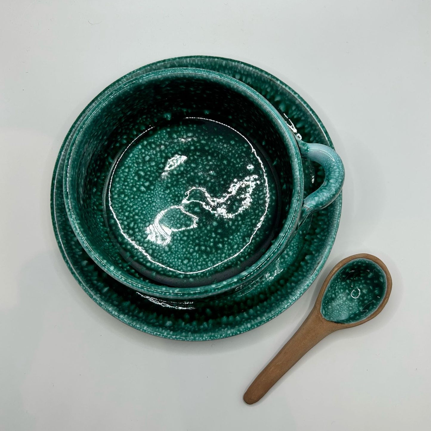 Ceramic Bowl, Plate & Spoon set Green