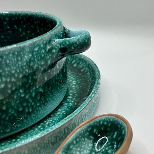Ceramic Bowl, Plate & Spoon set Green