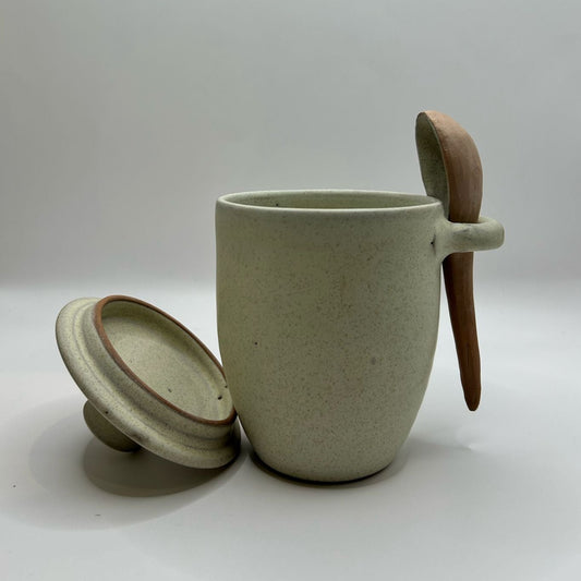 Ceramic Honey pot jar with lid & spoon set Beige