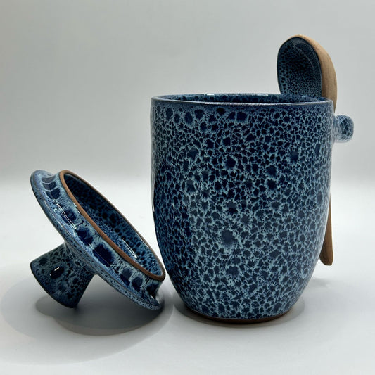 Ceramic Honey pot jar with lid & spoon set Blue