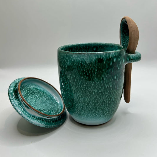 Ceramic Honey pot jar with lid & spoon set Green