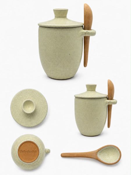 Ceramic Jam jar with lid & spoon set Beige