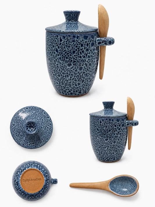 Ceramic Jam jar with lid & spoon set Blue