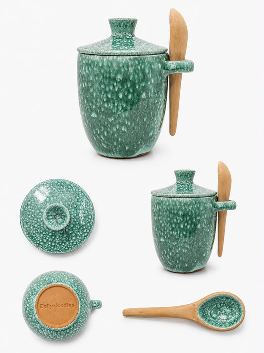 Ceramic Jam jar with lid & spoon set Green