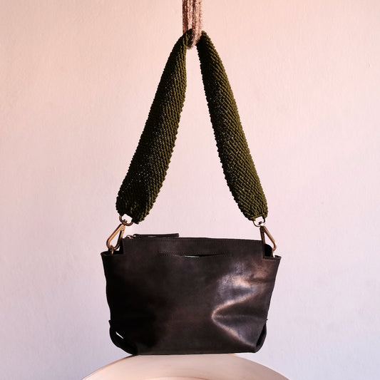 Ogda Shoulder Bag - Black With Olive Macrame Strap