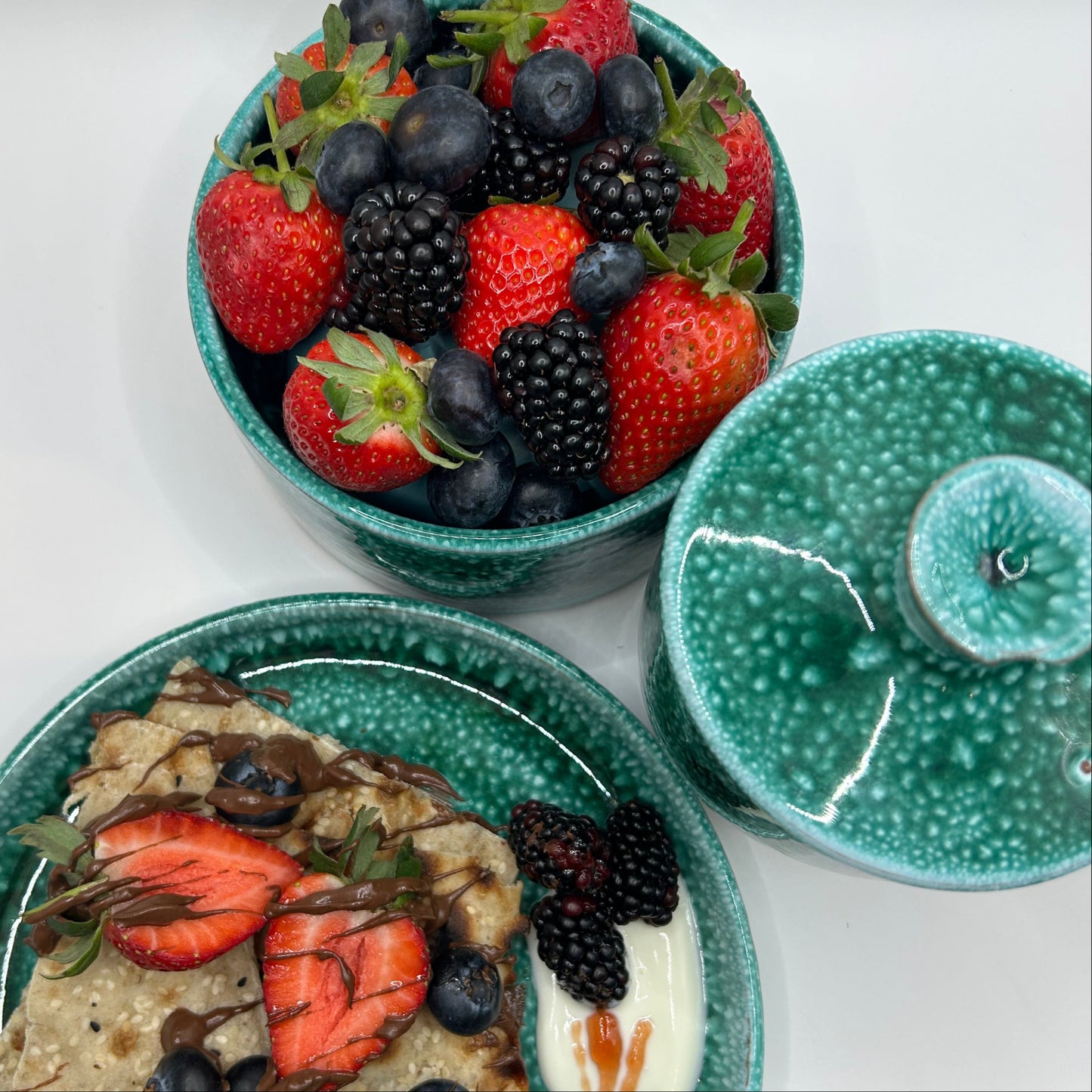 Ceramic Bowl, Plate & Spoon set Green