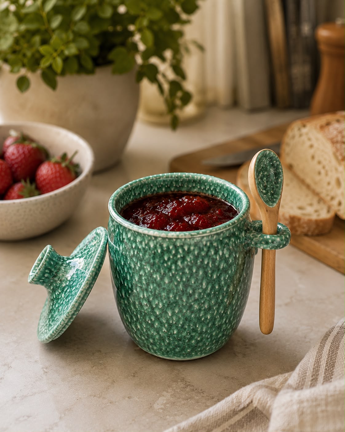 Ceramic Jam jar with lid & spoon set Green