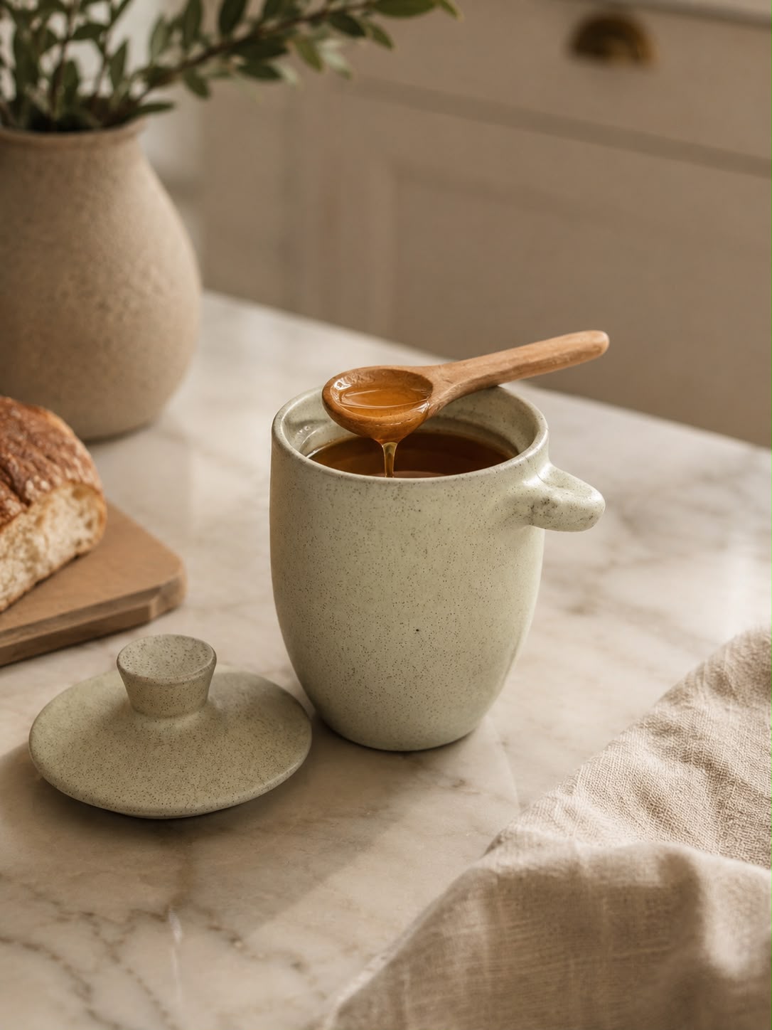 Ceramic Jam jar with lid & spoon set Beige